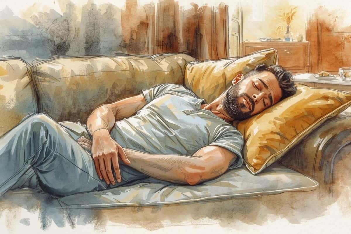 Tired man asleep on the sofa showing that sometimes sleep matters more than meditation.