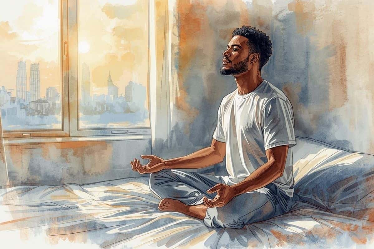 Man meditating on a bed, showing how to meditate without falling asleep.