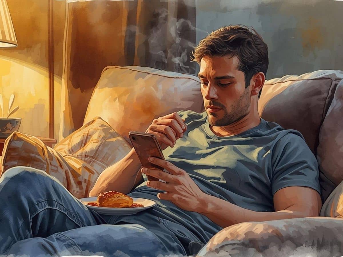 Man distracted on his phone in a cluttered room, showing why your meditation space matters.