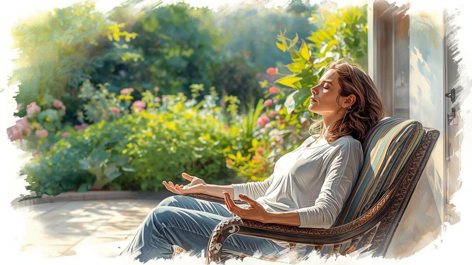 Watercolour-style illustration of a woman meditating comfortably in a chair beside an open garden, representing a safer and more flexible approach to practice for anyone asking, โis meditation safe?โ