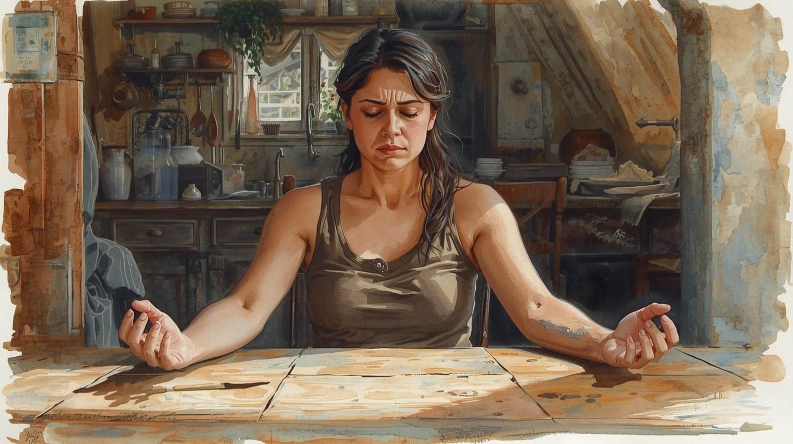 Watercolour illustration of a tense woman attempting to meditate at a rustic kitchen table, reflecting the question โis meditation safeโ for people prone to anxiety or panic.
