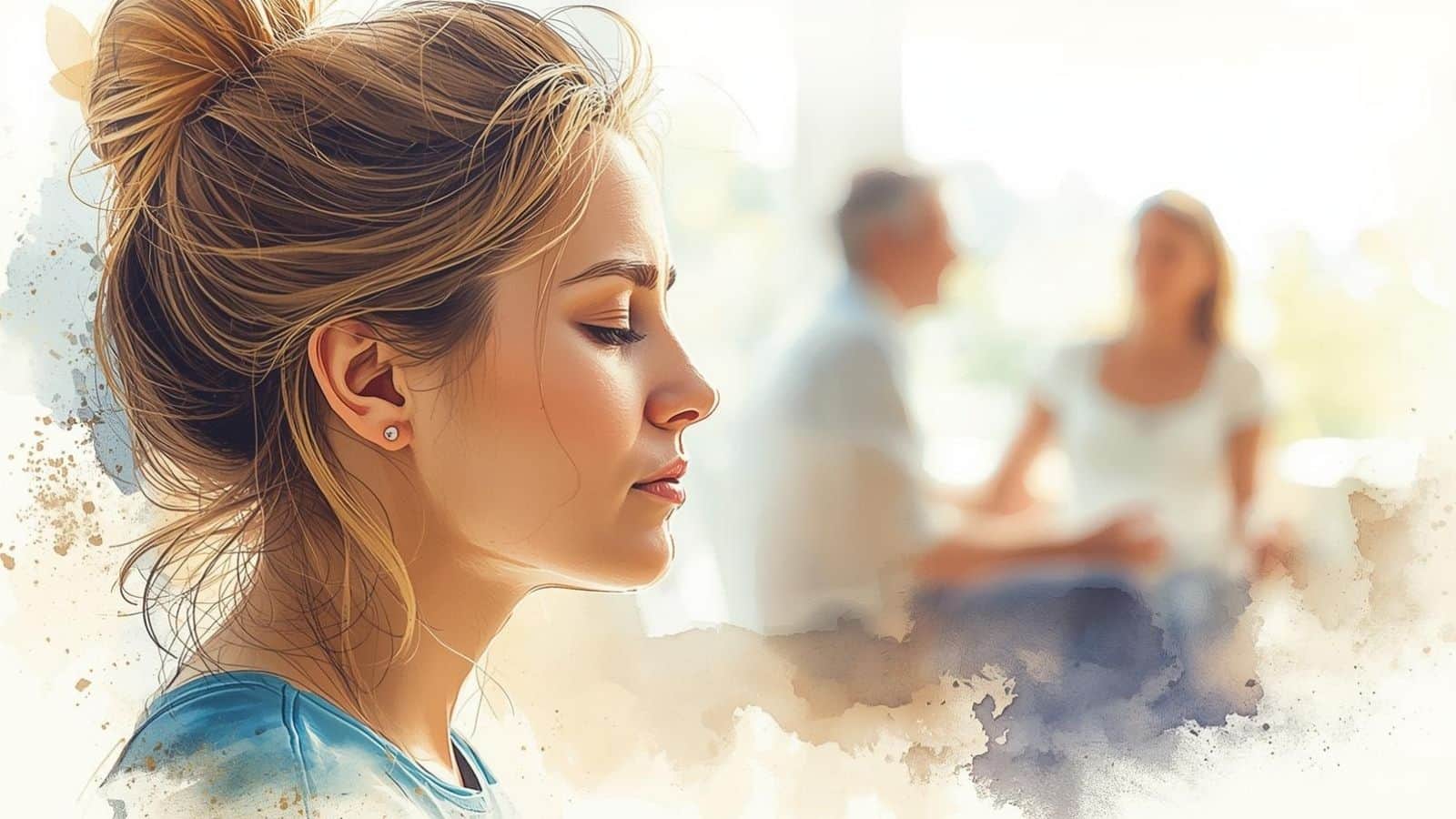 Watercolour-style illustration of a woman meditating while two people talk in the background, showing how to meditate in a noisy environment by choosing a practice that still works around conversation and everyday distractions.