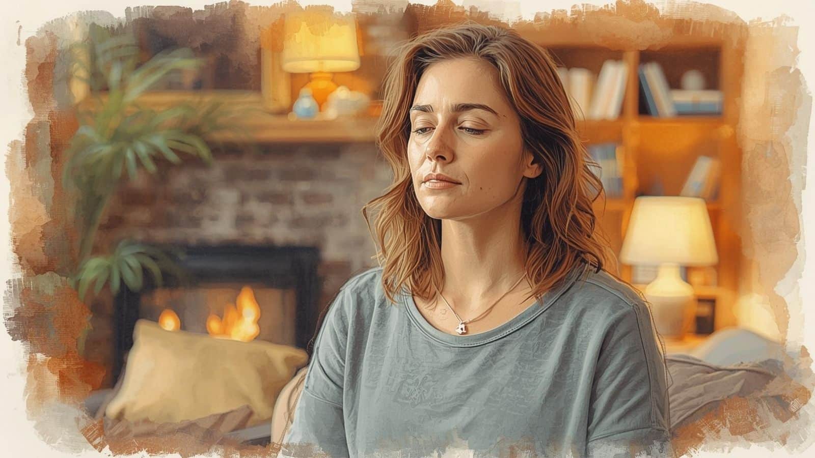 Watercolour-style illustration of a woman meditating in a cosy living room beside a glowing fireplace, exploring whether you need silence and how to meditate in a noisy environment at home.
