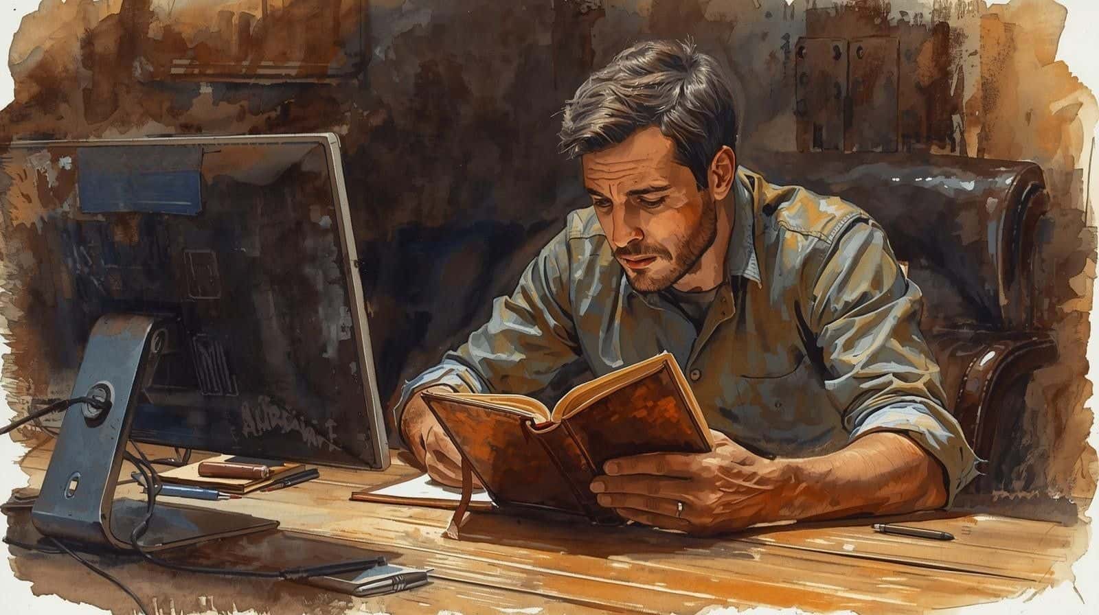 Man reading through a handwritten journal at his desk, reflecting on his thoughts as part of a mindfulness and journaling practice.