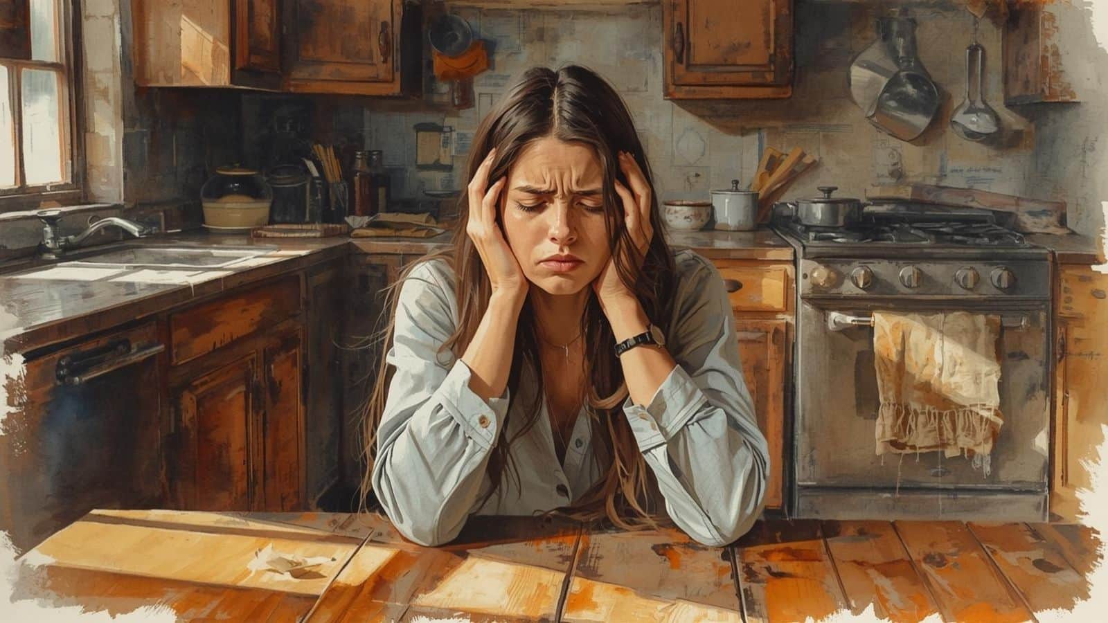 Watercolour illustration of a distressed woman holding her head at a kitchen table, exploring whether meditation is safe for trauma survivors and people who feel overwhelmed during practice.