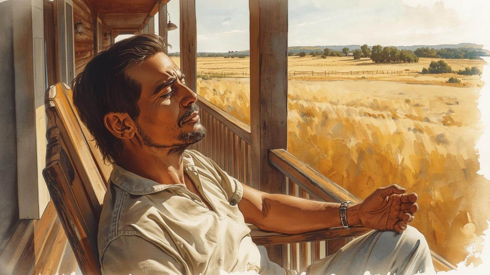 Watercolour illustration of a man meditating in a chair on a quiet rural porch, exploring whether meditation is safe for people who experience dissociation or feel disconnected during practice.