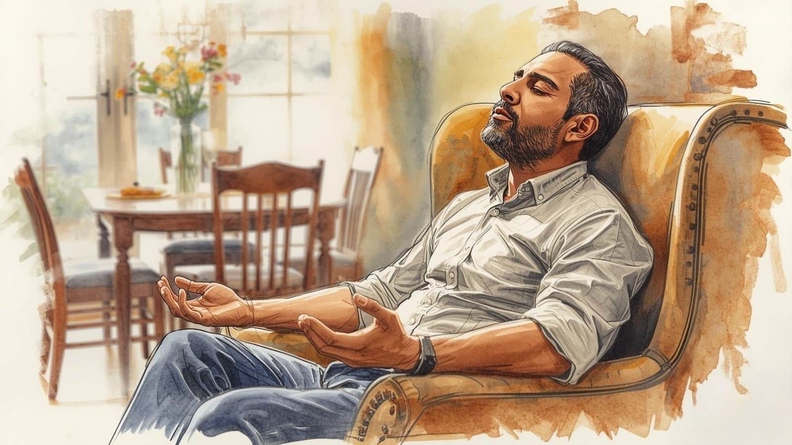 Watercolour illustration of a man meditating in an armchair at home, exploring whether meditation discomfort is normal or a warning sign and asking, โis meditation safeโ when practice feels unsettling.