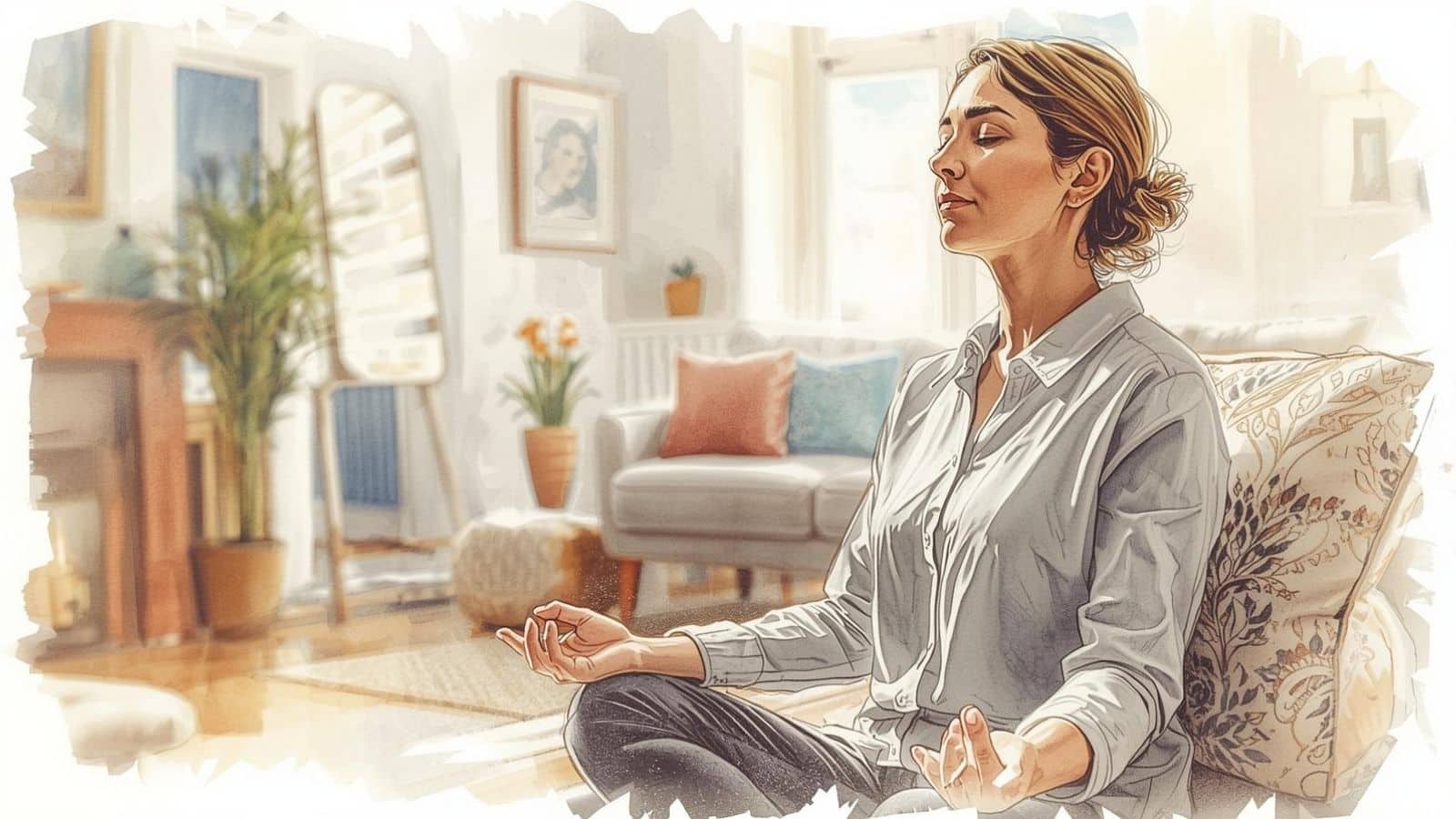 Watercolour-style illustration of a woman meditating calmly in a bright living room, accompanying advice on how to meditate in a noisy environment and why some background sounds are more distracting than others.