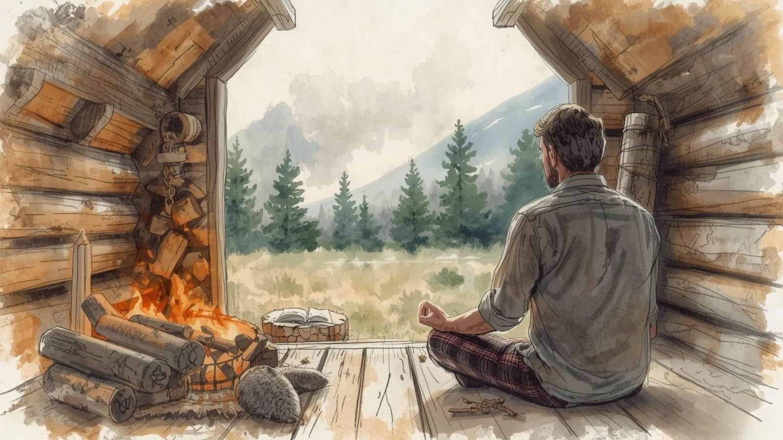 Watercolour-style illustration of a man meditating inside a quiet wooden cabin beside a small fire, showing how to meditate in a noisy environment by first reducing the sounds and distractions you can control.
