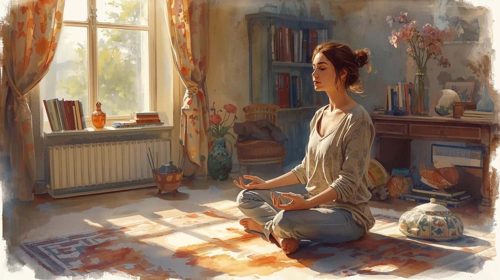Woman meditating quietly in a peaceful room before journalling.