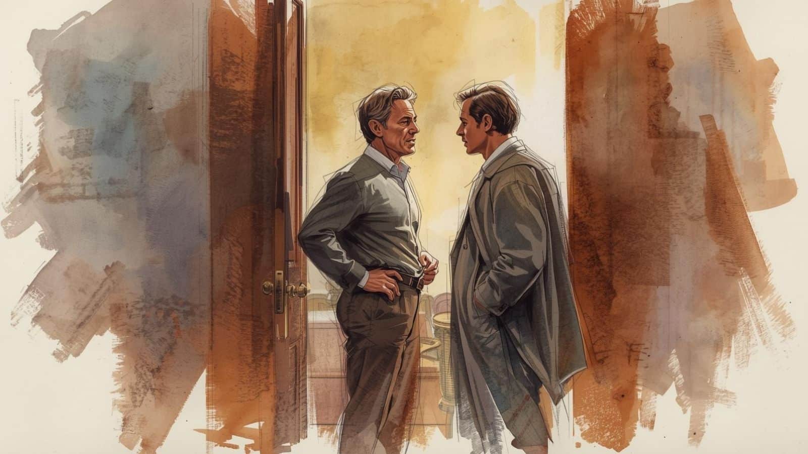 Watercolour-style illustration of two men speaking in a doorway, representing the importance of talking to the people you live with when learning how to meditate in a noisy environment.