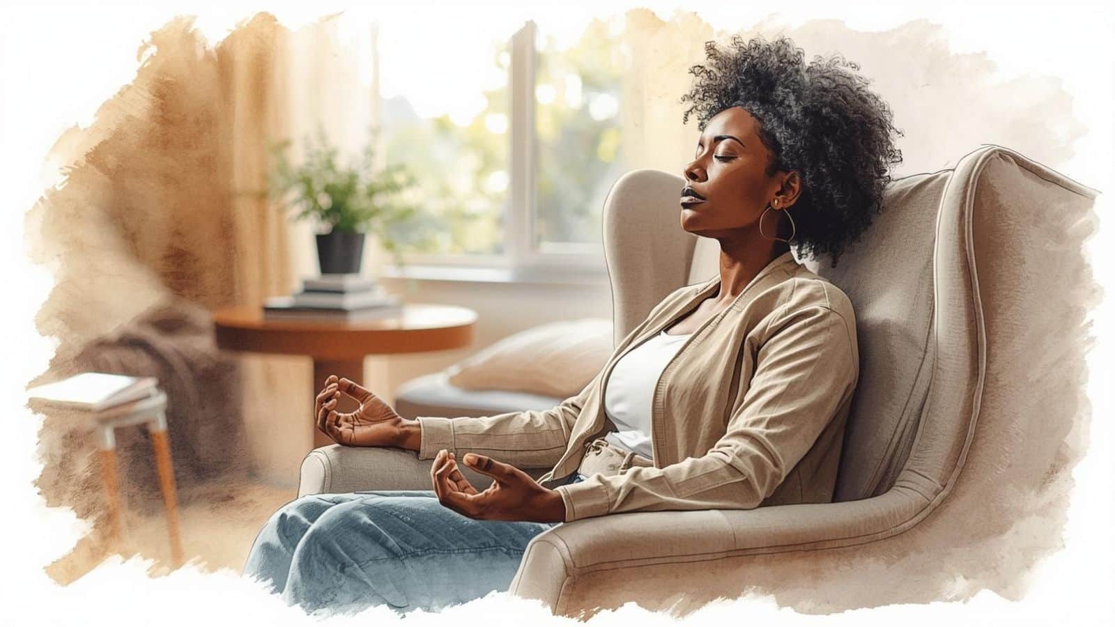 Watercolour-style illustration of a woman meditating in a comfortable armchair with her eyes closed, showing how to meditate in a noisy environment by using surrounding sounds as the focus of attention.