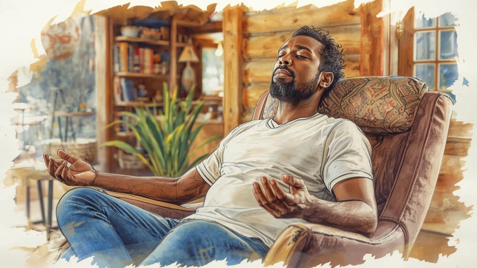 Watercolour-style illustration of a man meditating in an armchair at home, exploring the question โis meditation safeโ for people living with depression, OCD, bipolar disorder or psychosis.