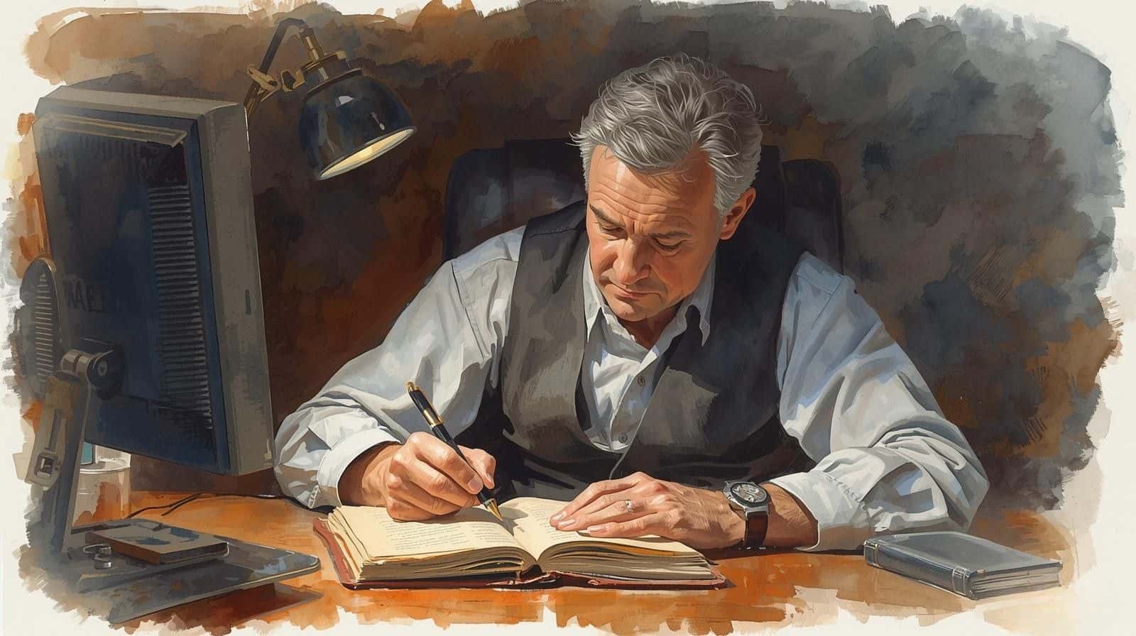 Man sitting at a desk with an open notebook, writing down his thoughts as part of a mindfulness and journaling practice.