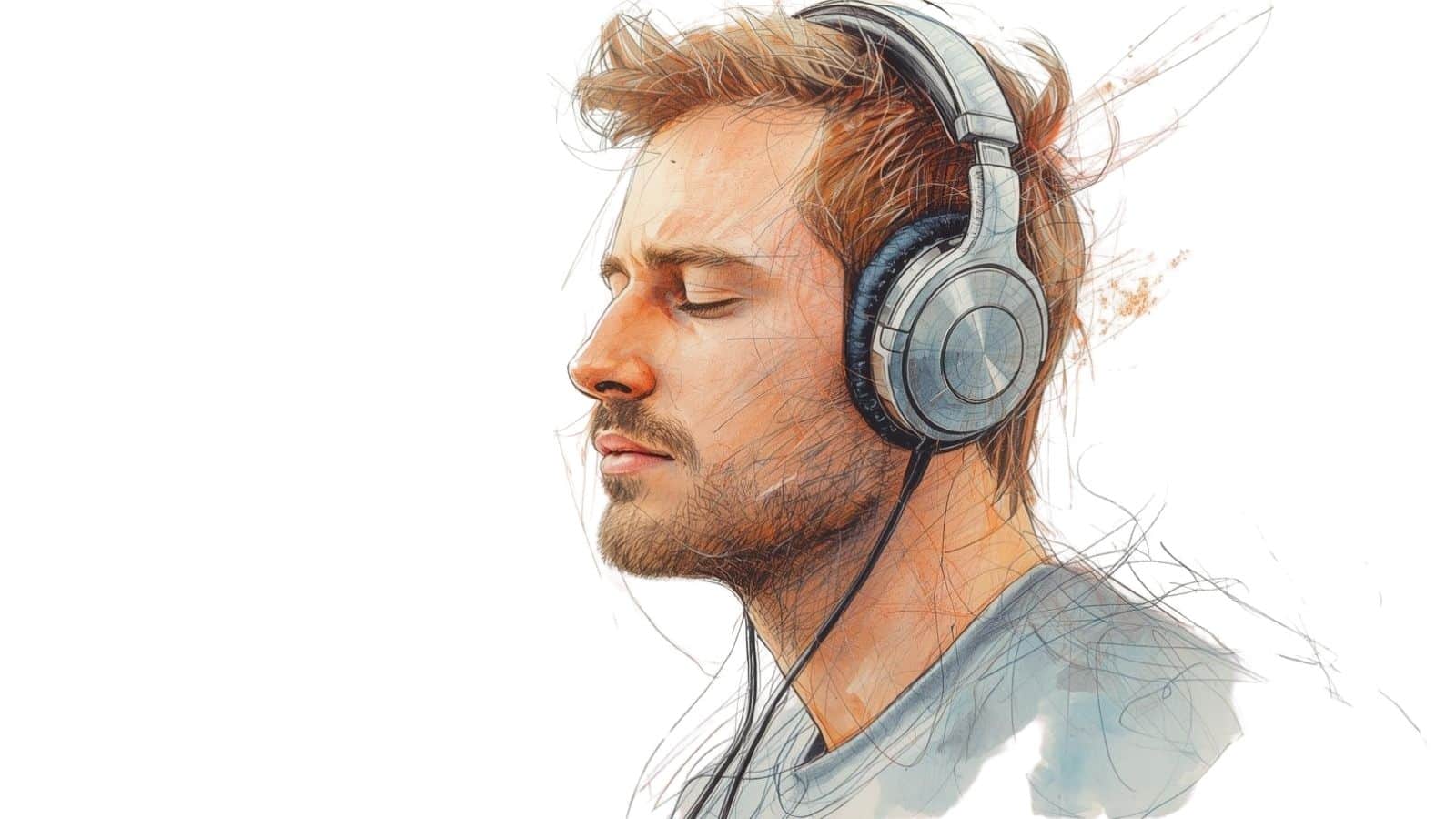 Watercolour-style illustration of a man wearing over-ear headphones with his eyes closed, showing how to meditate in a noisy environment by masking unavoidable sounds when necessary.