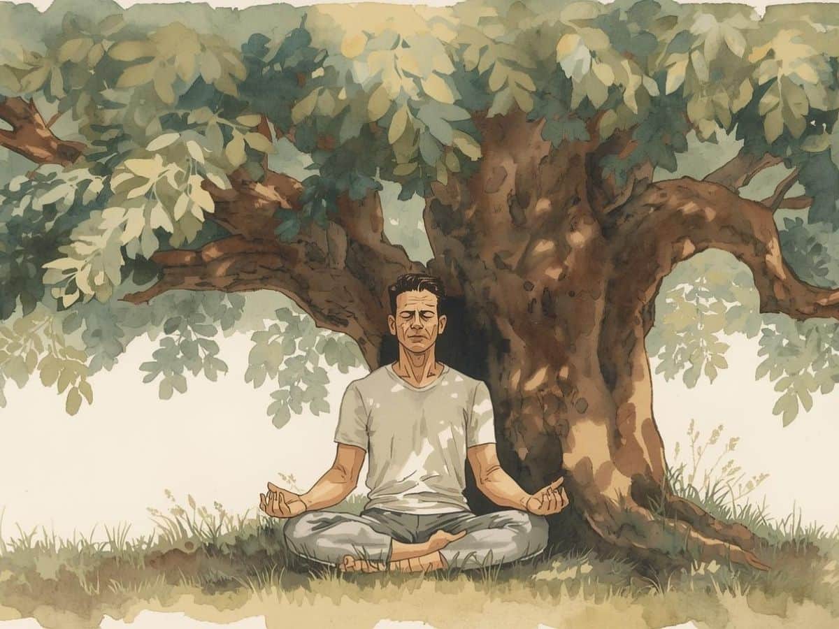 Illustration of a man meditating beneath a large leafy tree, reflecting the question โis meditation safeโ and why some people may feel worse during practice.