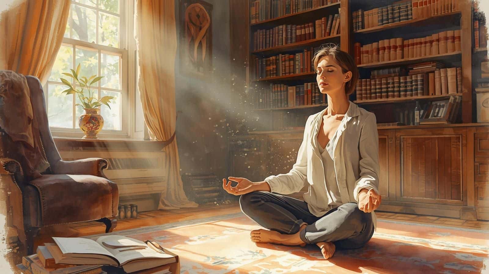 Woman meditating in a quiet room with an open journal nearby.