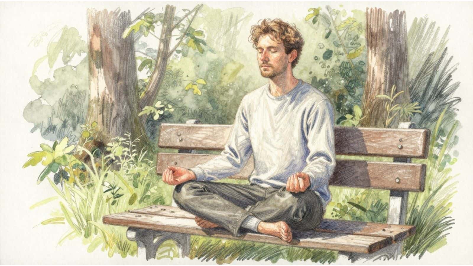 Pencil-style illustration of a man meditating cross-legged on a woodland bench, exploring whether breathwork can replace meditation or whether the two practices offer different benefits.