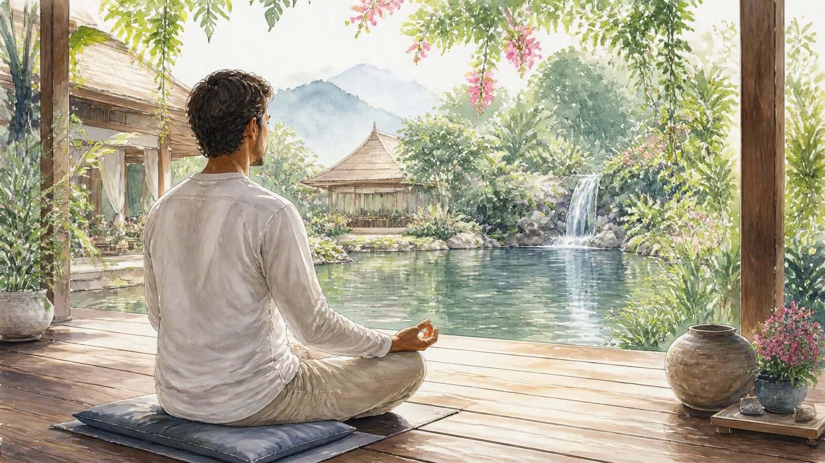 Watercolor illustration of a man meditating by a garden pond and waterfall, exploring if feeling a spinning sensation means entering a deep meditation