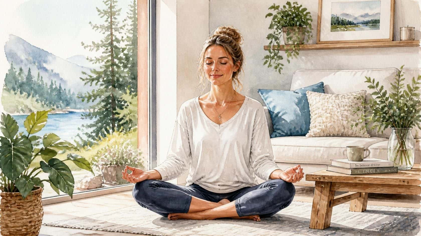 Woman meditating cross-legged near a sunlit window, illustrating how to ground yourself when experiencing spinning during meditation