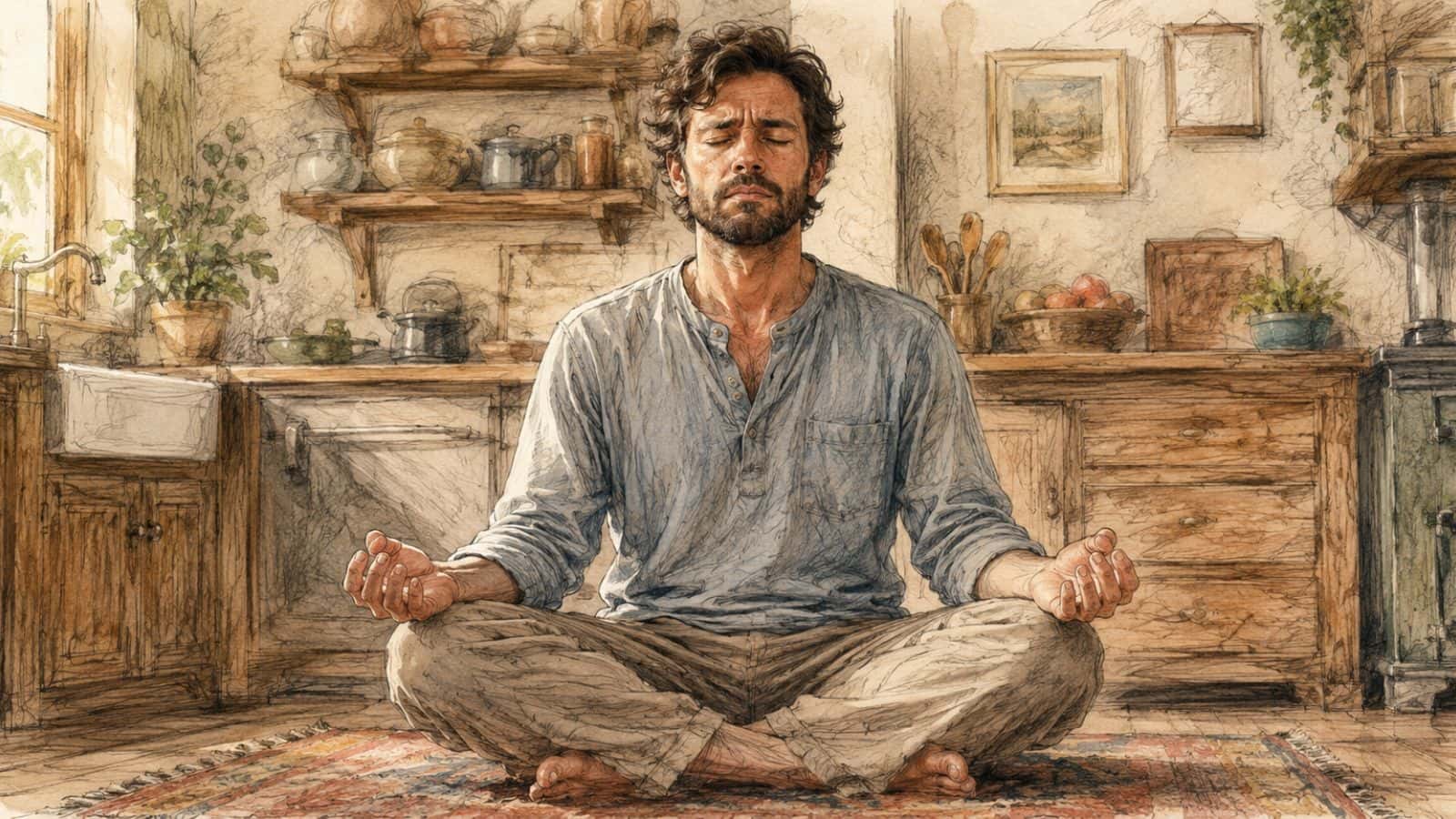 Pencil-style illustration of a man meditating cross-legged in a rustic kitchen with a tense expression, helping readers identify what's actually moving when they notice eyes twitching during meditation.