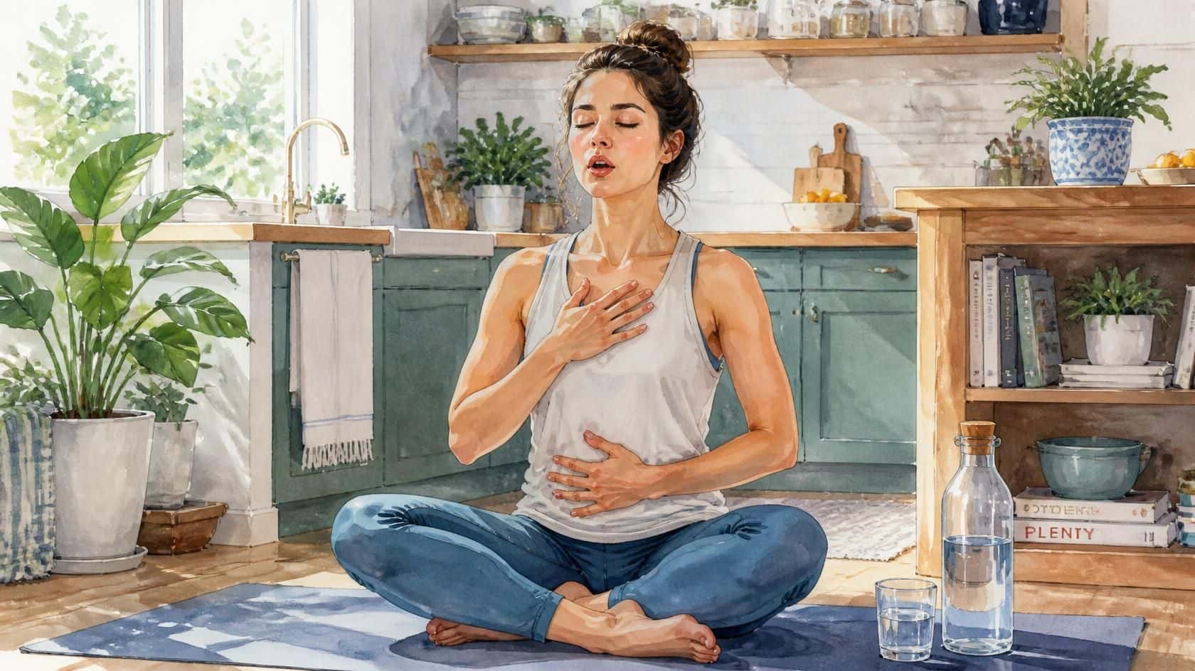 Watercolor illustration of a woman sitting cross-legged on a mat with her hands on her chest and stomach, practicing grounding breathwork to ease spinning during meditation