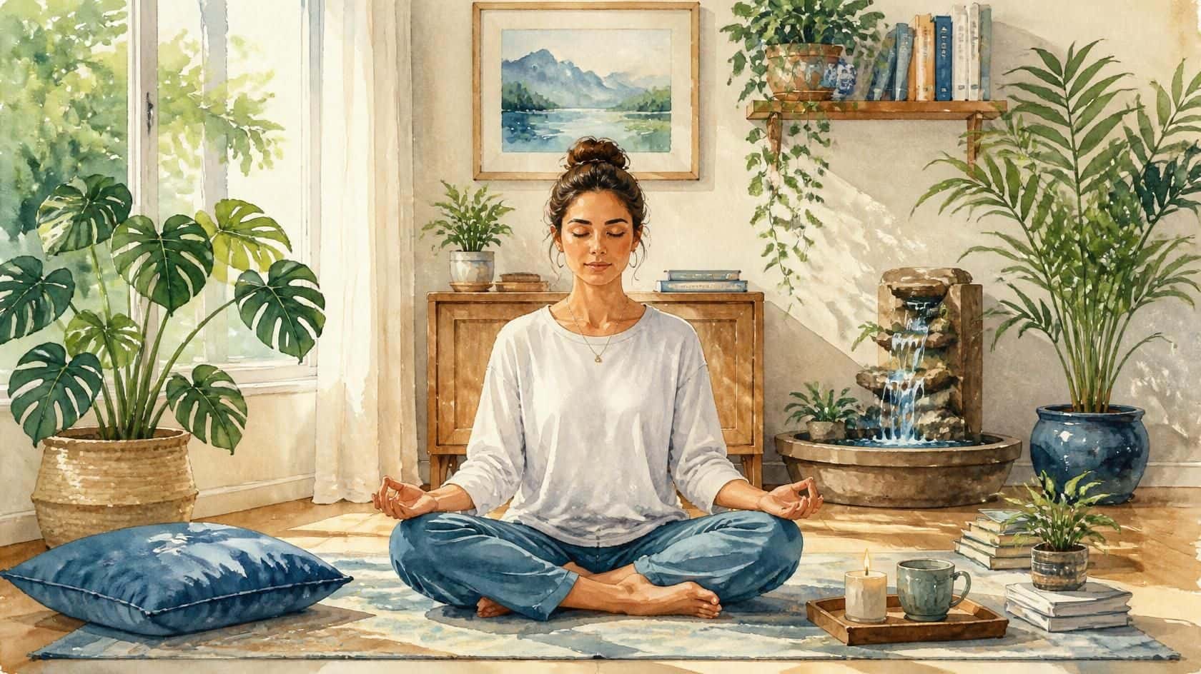 Watercolor illustration of a woman sitting in a meditation posture on a rug in a bright, sunlit room surrounded by houseplants, a tabletop water fountain, and cozy decor.