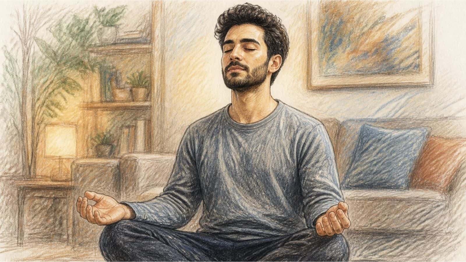 Pencil-style illustration of a man sitting cross-legged with his eyes closed in a cosy living room, practising controlled breathing as part of a guide to breathwork vs meditation.
