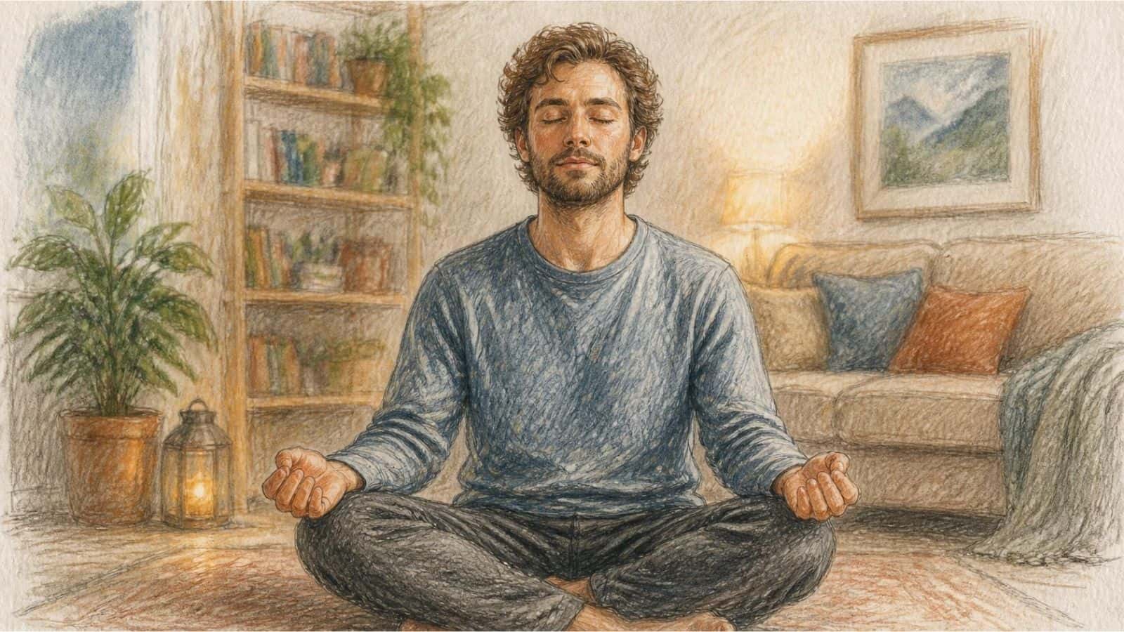 Pencil-style illustration of a man sitting cross-legged in meditation in a cosy living room, representing the meditation side of a breathwork vs meditation comparison.