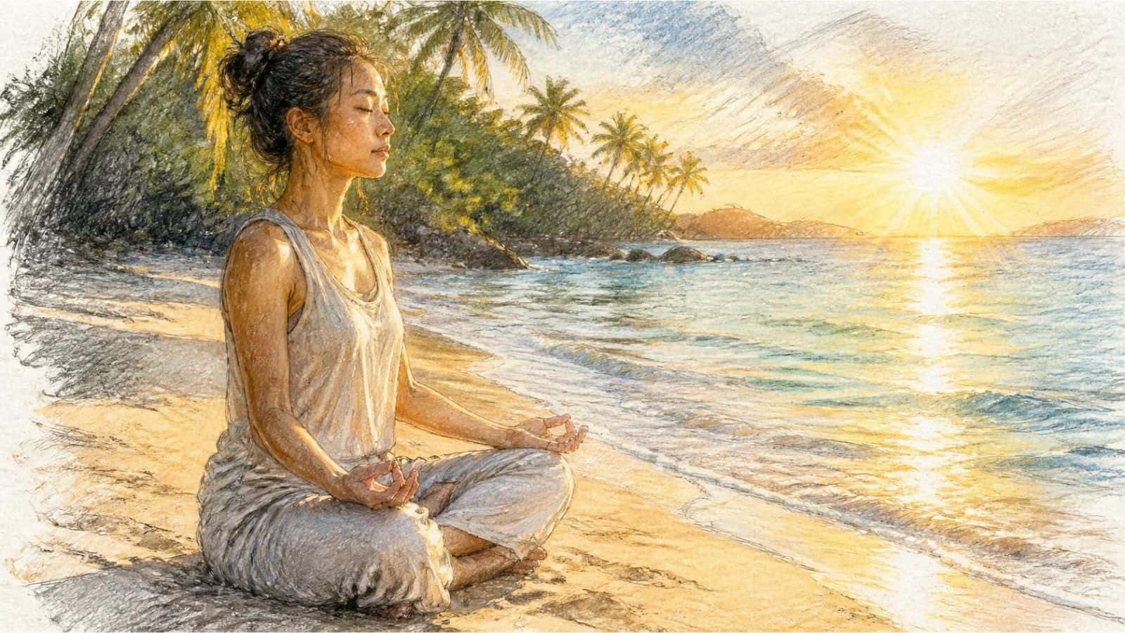 Pencil-style illustration of a woman meditating on a tropical beach at sunrise, exploring when breathwork may not be the right choice in a breathwork vs meditation comparison.