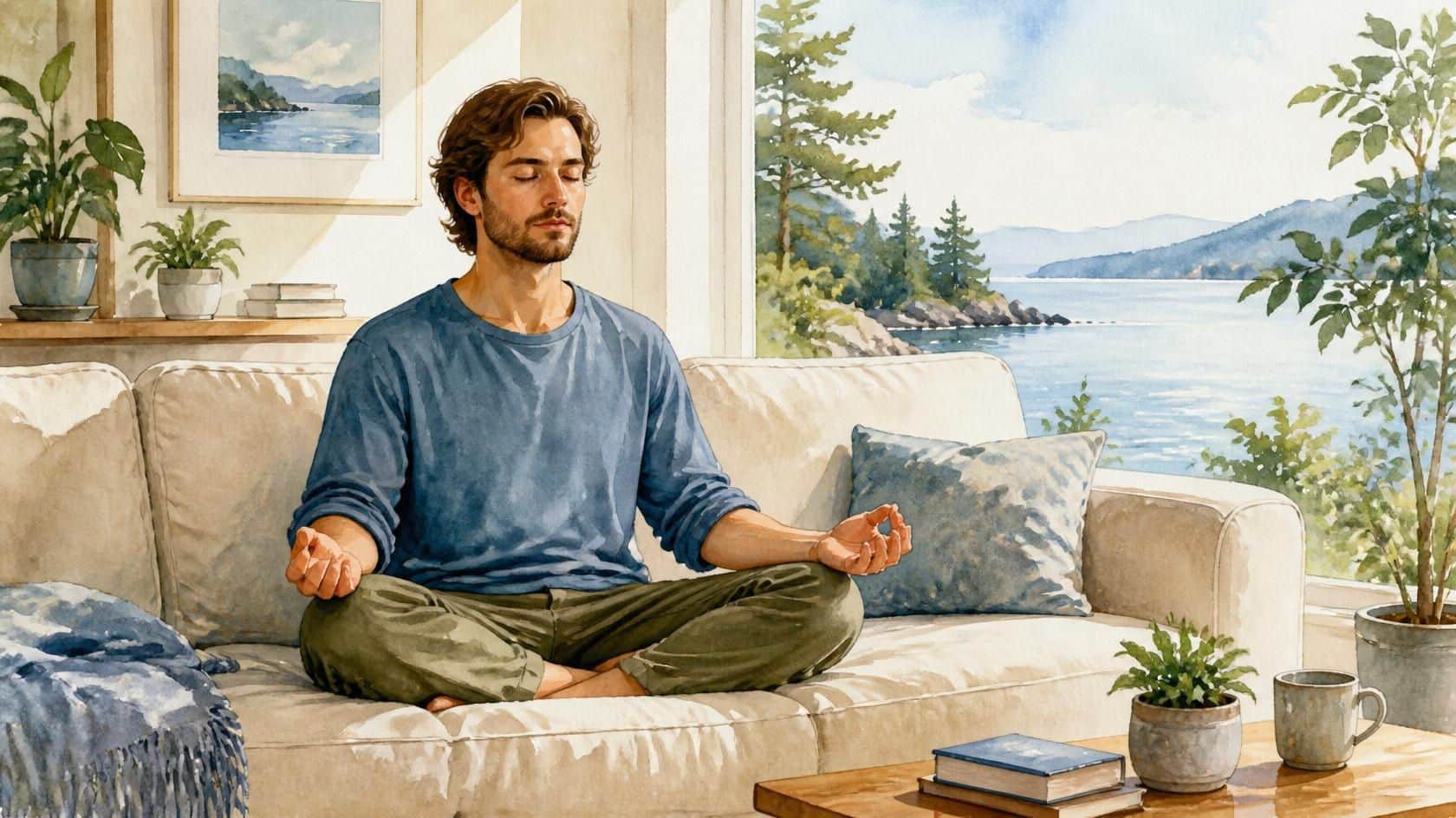 A watercolor illustration of a man meditating in a cross-legged pose on a couch, set in a bright, sunlit room with large windows overlooking a serene lake and forested hills.