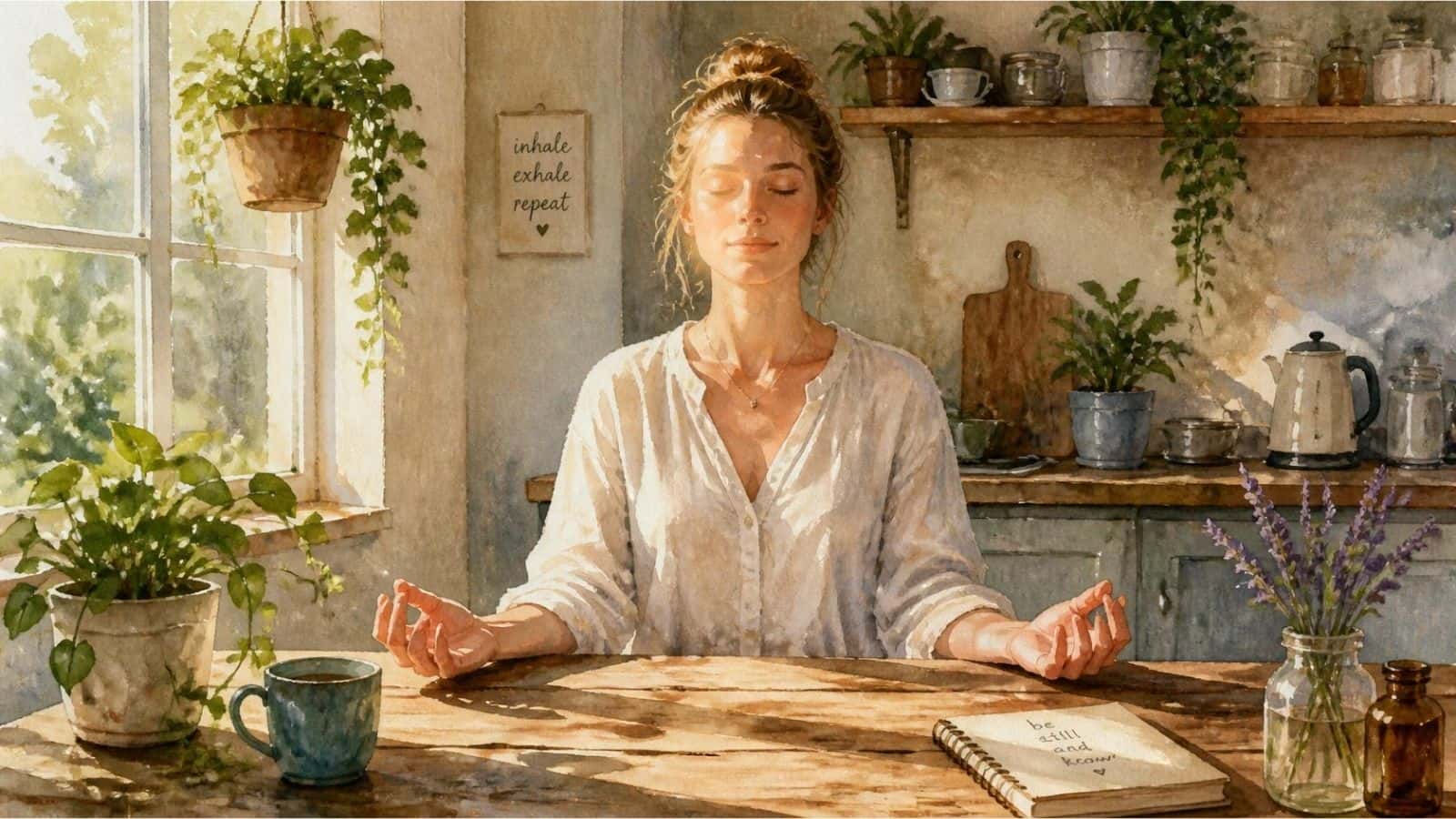 Watercolour illustration of a woman sitting at a kitchen table with her eyes closed and hands relaxed, showing where breathwork and meditation overlap through mindful breathing, stillness and focused attention.