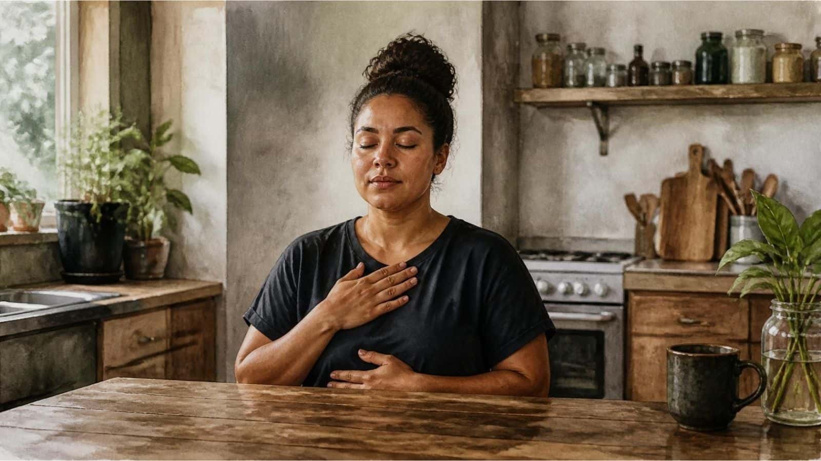 Woman practicing slow, controlled breathing at a kitchen table with one hand on her chest and the other on her stomach, illustrating which works faster in a breathwork vs meditation comparison.