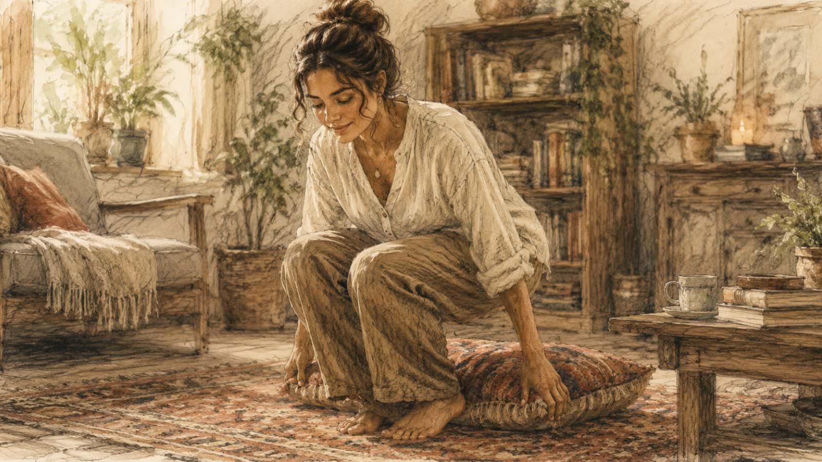 Pencil-style illustration of a woman lowering herself onto a meditation cushion in a cosy living room, exploring why eyes twitching during meditation can seem to begin as soon as the practice starts.