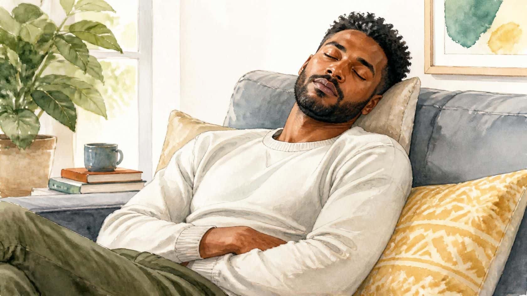 A man dozing off on a couch, highlighting the difference between feeling sleepy and floating during meditation.
