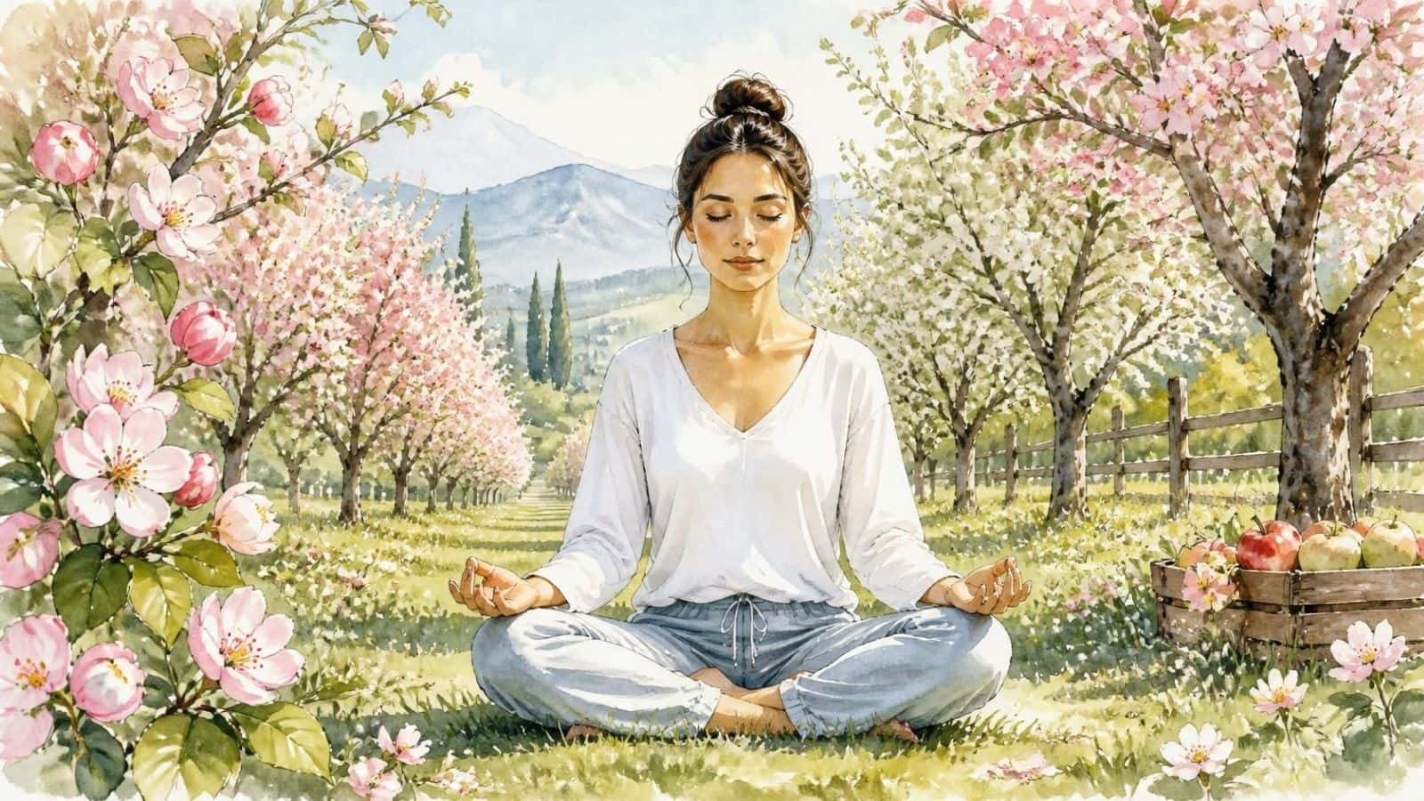 A woman sitting cross-legged in a flowering orchard, symbolizing the peaceful experience of floating during meditation.