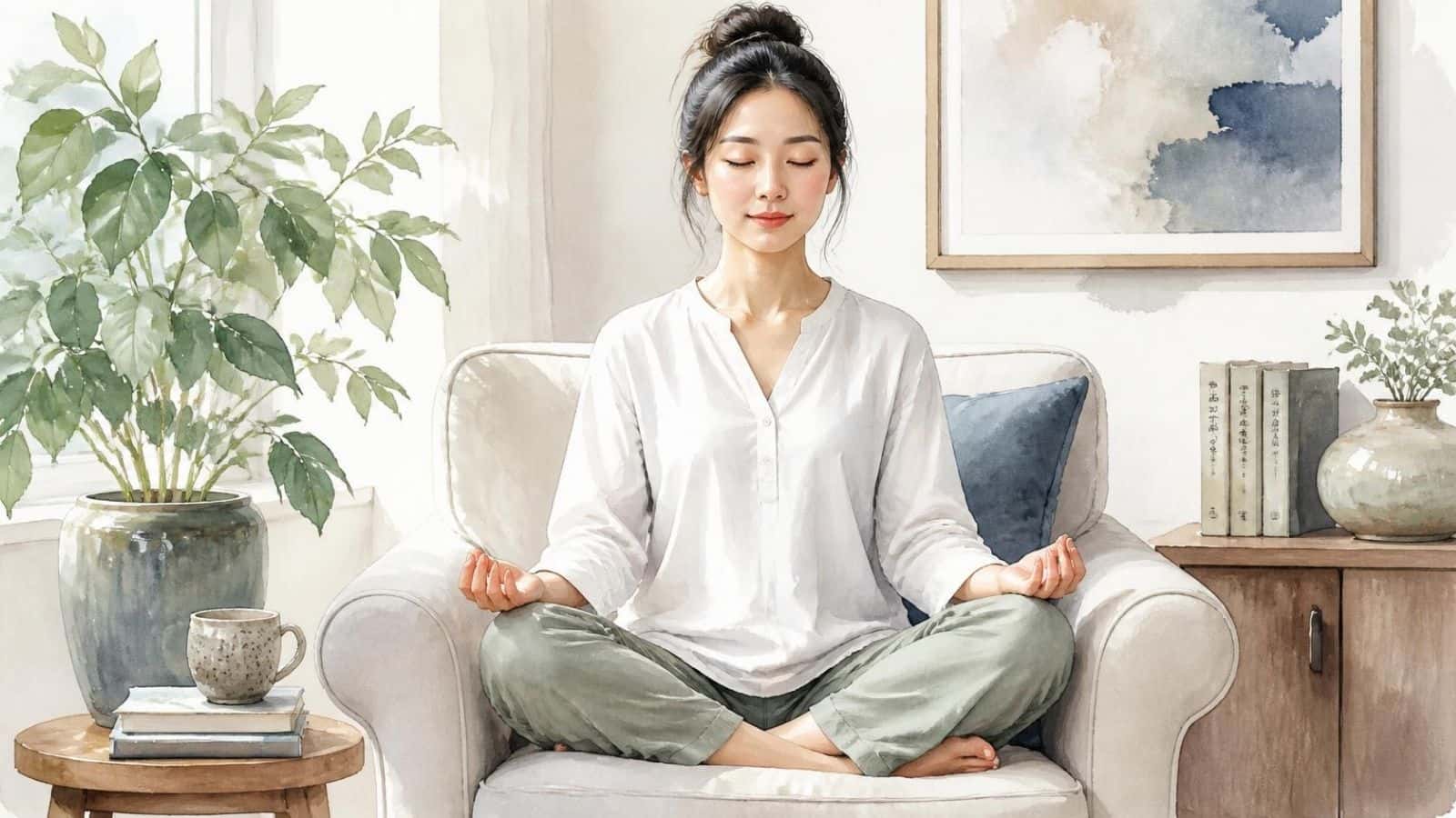 A watercolor illustration of a woman sitting cross-legged on an armchair with eyes closed in calm focus, experiencing the weightless sensation of floating during meditation.