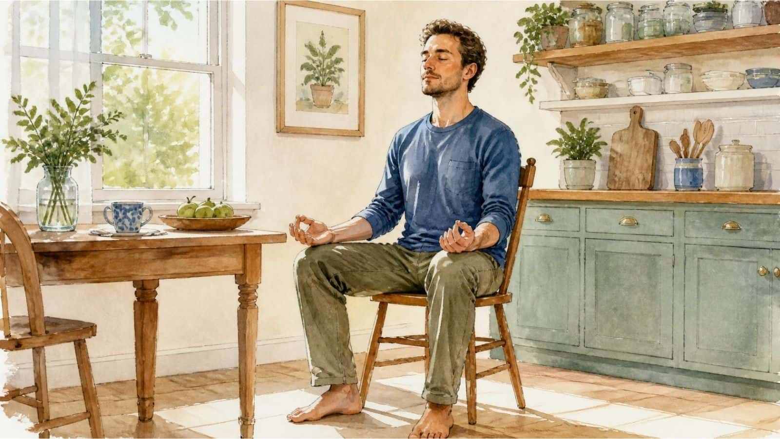 A watercolor illustration of a man sitting upright on a wooden kitchen chair with eyes closed in mindful focus, exploring sensory perception and floating during meditation.