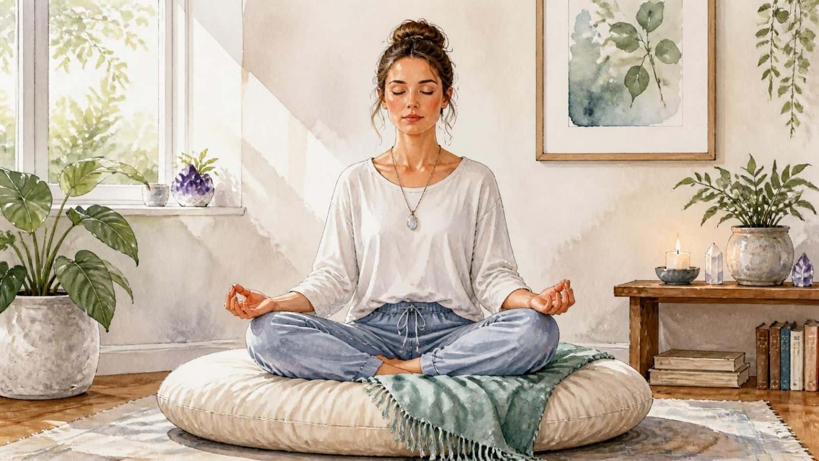 A watercolor illustration of a woman sitting cross-legged on a large round cushion with eyes closed, exploring whether the sensation of floating during meditation compares to an out-of-body experience.