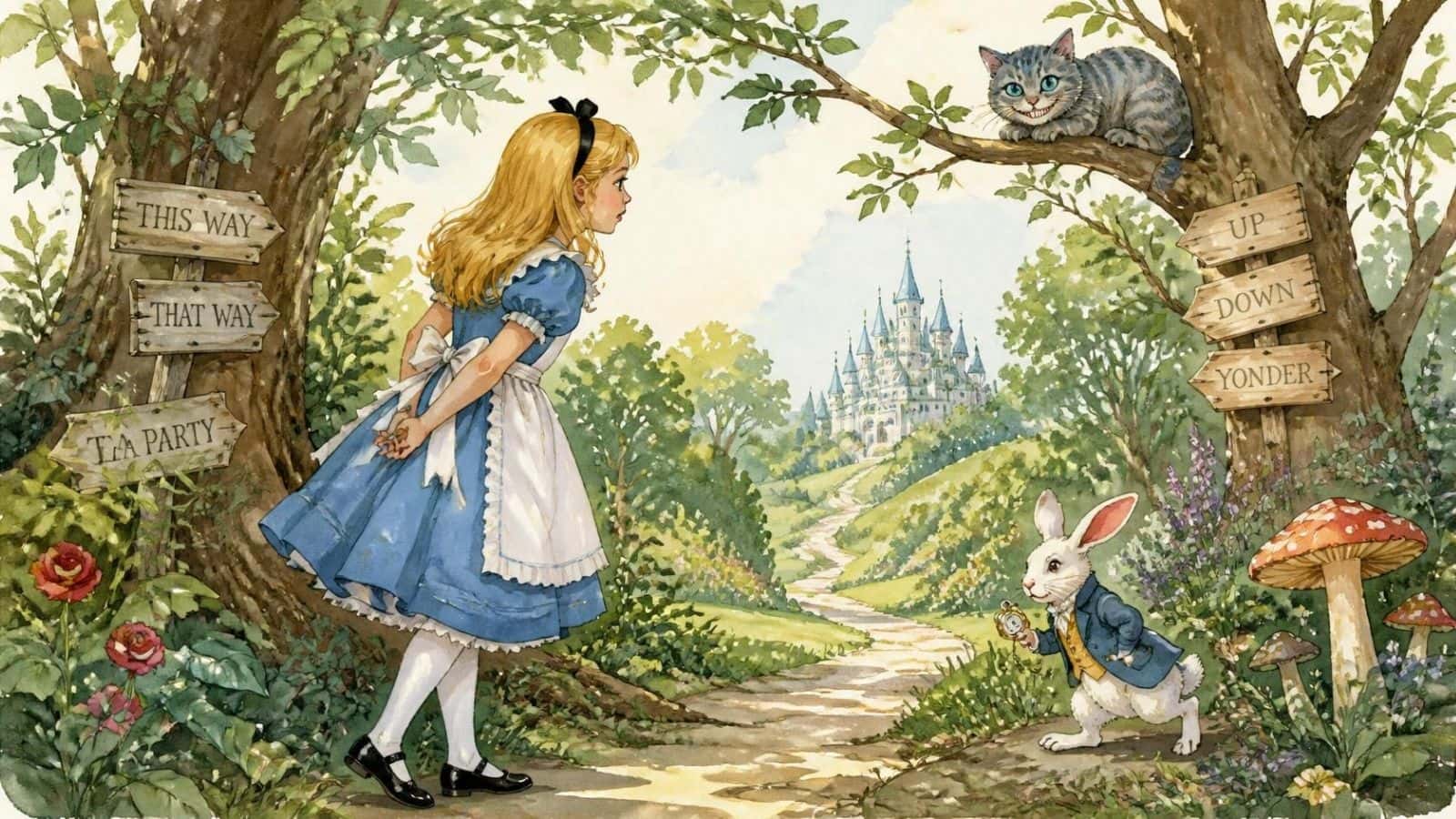 Alice in Wonderland looking down a winding path, illustrating the perception shift when your body feels big during meditation.