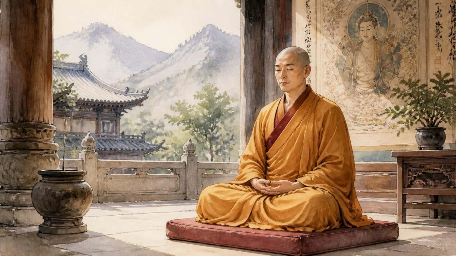 A watercolor illustration of a Buddhist monk meditating on a cushion at a mountain temple, reflecting deep stillness even when your body feels big during meditation.