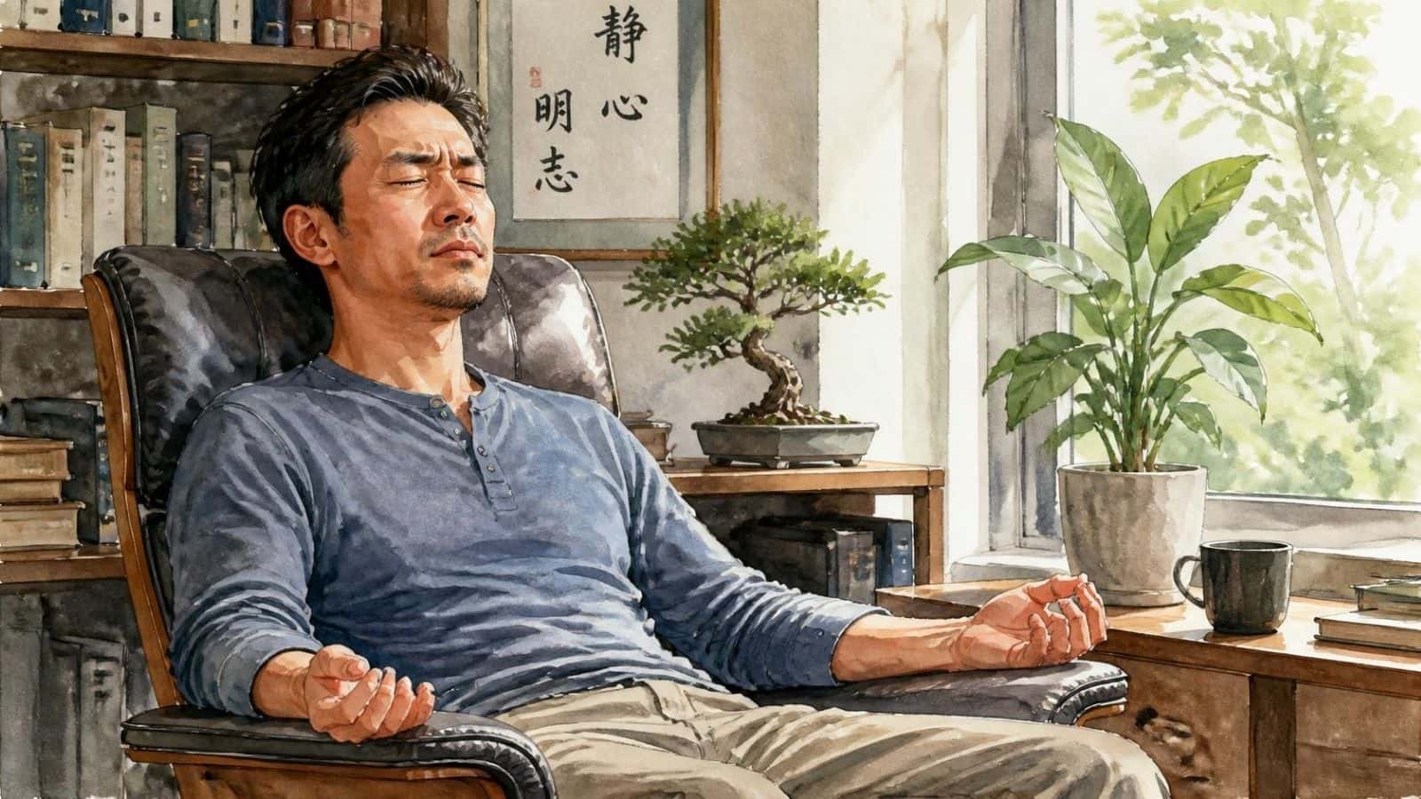 A watercolor illustration of a man sitting relaxed in an armchair with eyes closed, experiencing a moment where his body feels big during meditation.