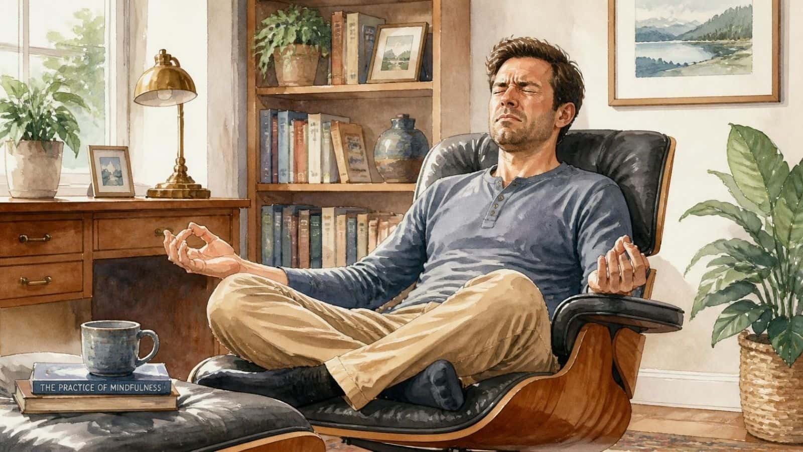 A watercolor illustration of a man sitting cross-legged in an armchair with eyes closed, experiencing spatial distortion where his body feels big during meditation.