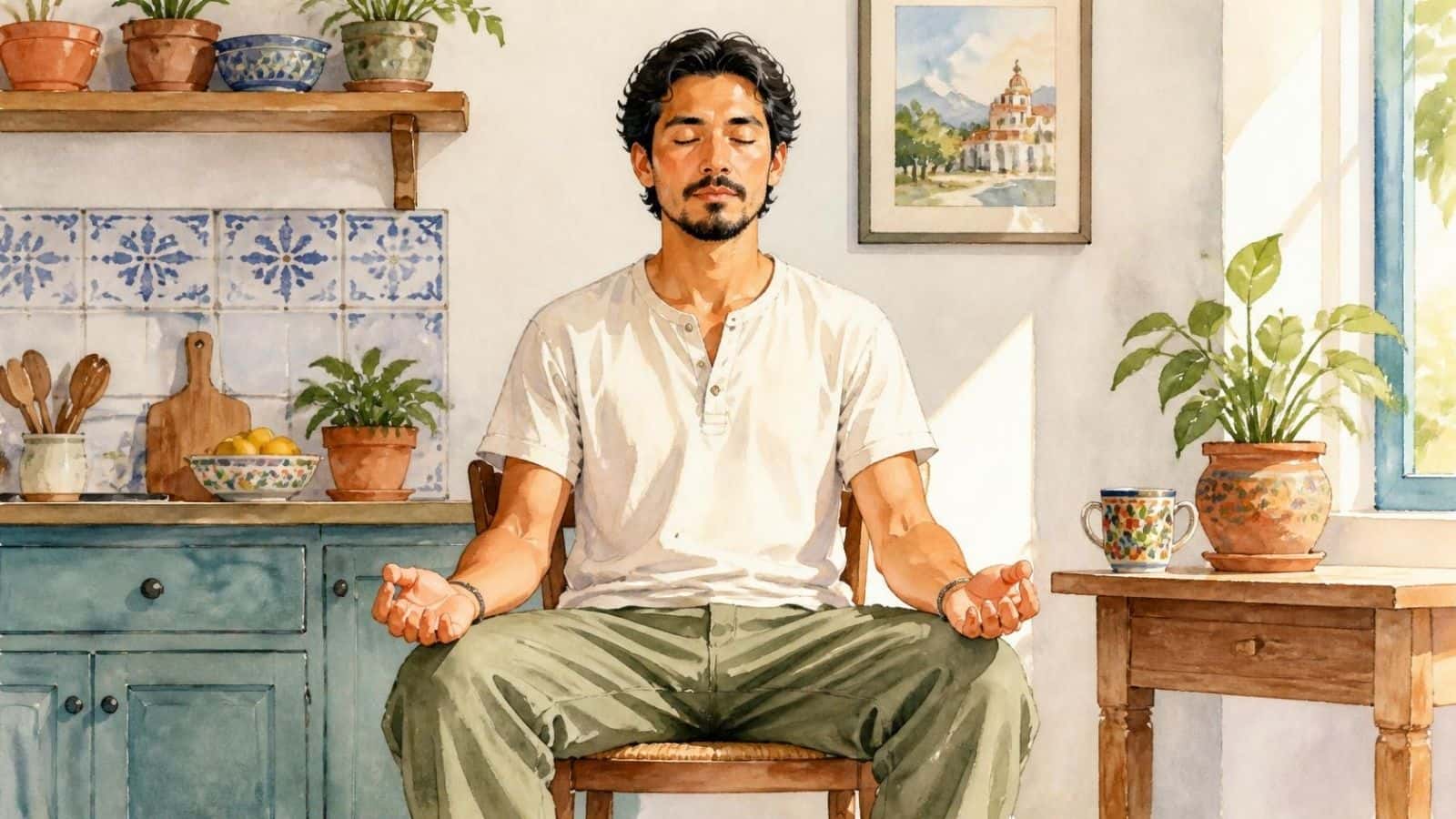 A watercolor illustration of a man sitting upright on a chair in a sunlit kitchen with eyes closed, illustrating sensory changes like floating during meditation.
