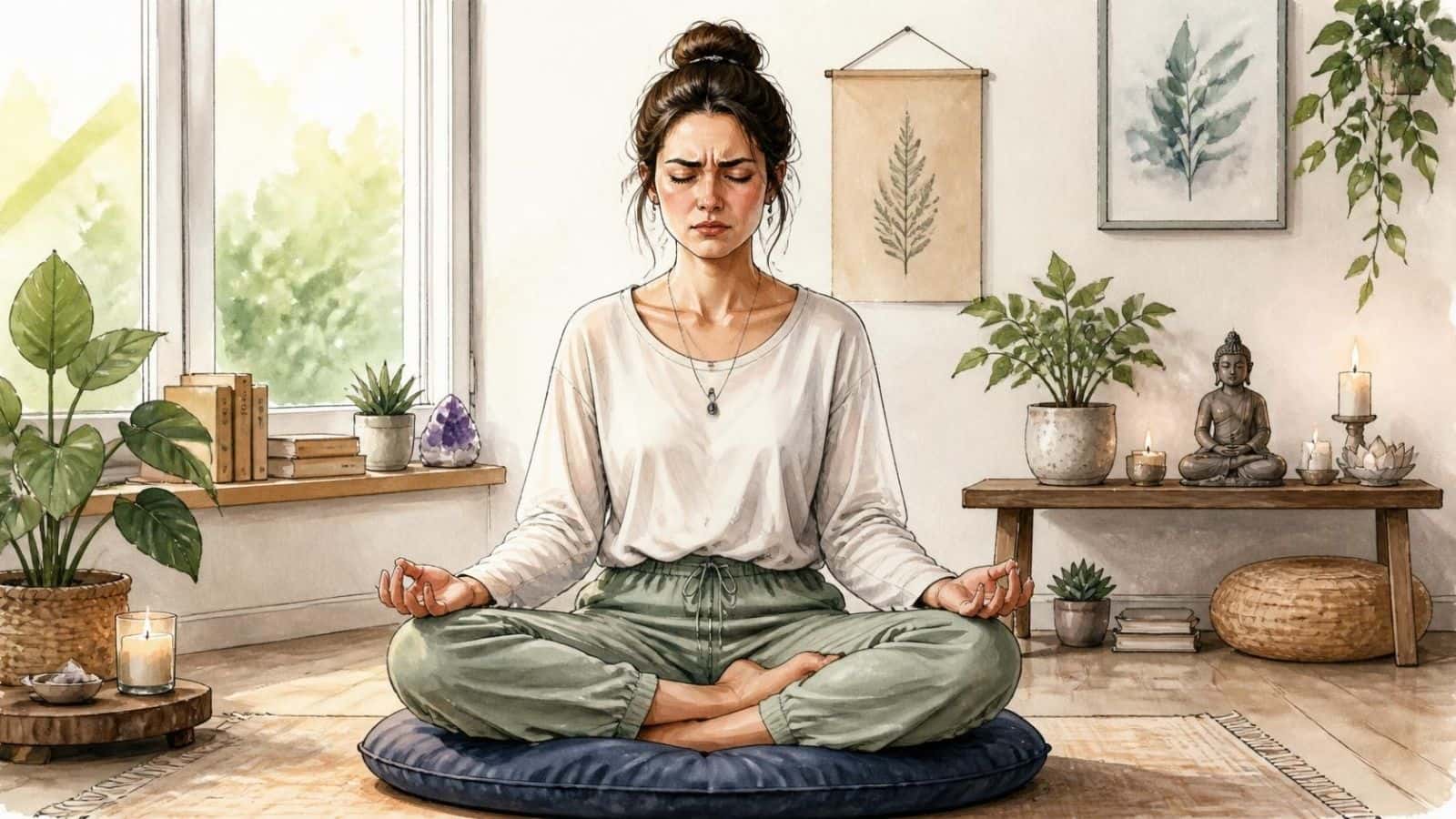 A watercolor illustration of a woman sitting cross-legged on a floor cushion with a concentrated, troubled expression, illustrating discomfort when your body feels big during meditation.