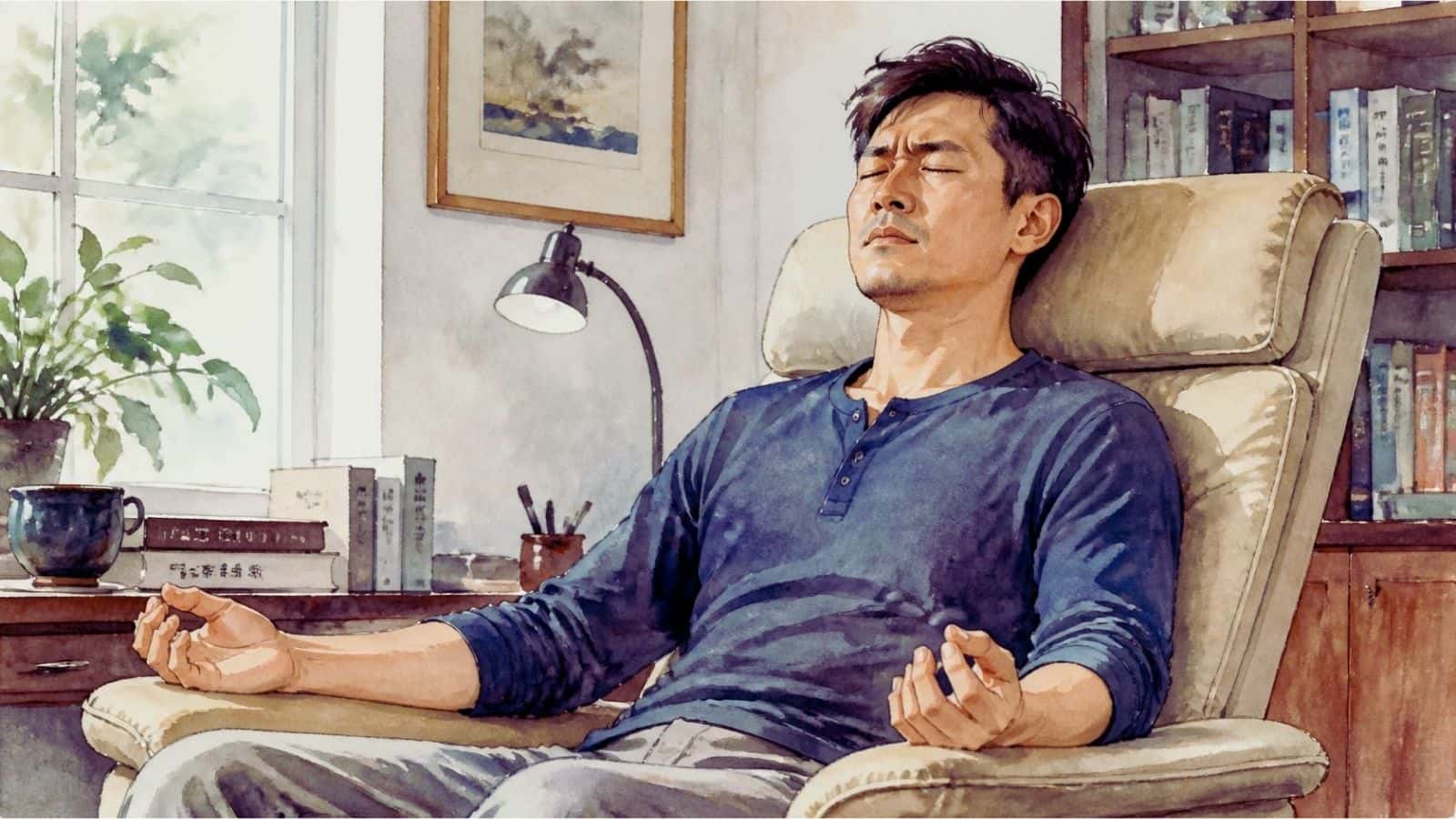 A watercolor illustration of a man reclining in a high-backed armchair with eyes closed in focused practice, managing the experience of floating during meditation.