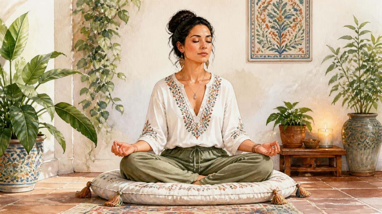A woman meditating serenely on a floor cushion in a plant-filled room, representing the feeling of floating during meditation.