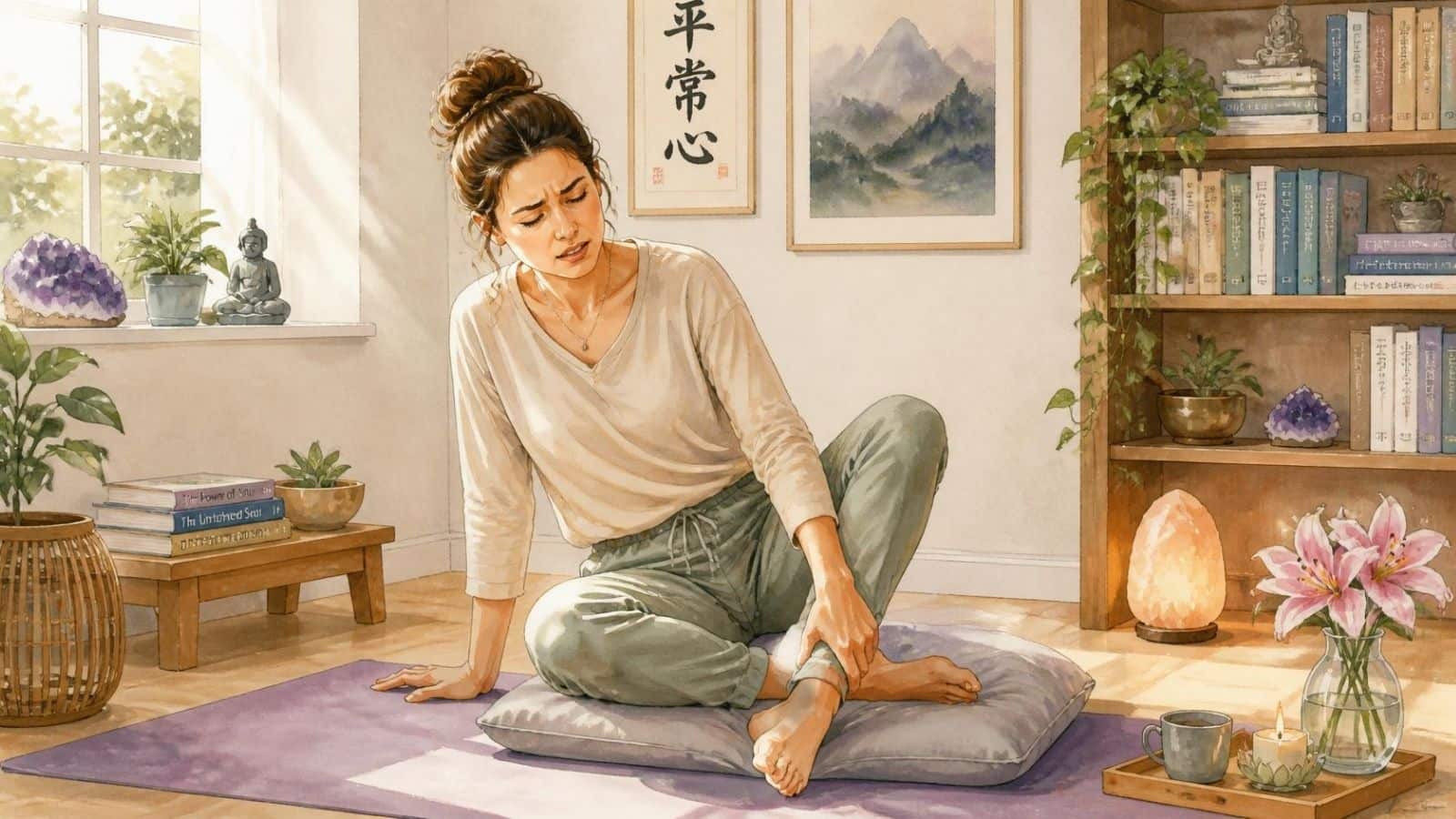 A woman stretching her leg out on a floor cushion to ease pins and needles when legs go numb during meditation.