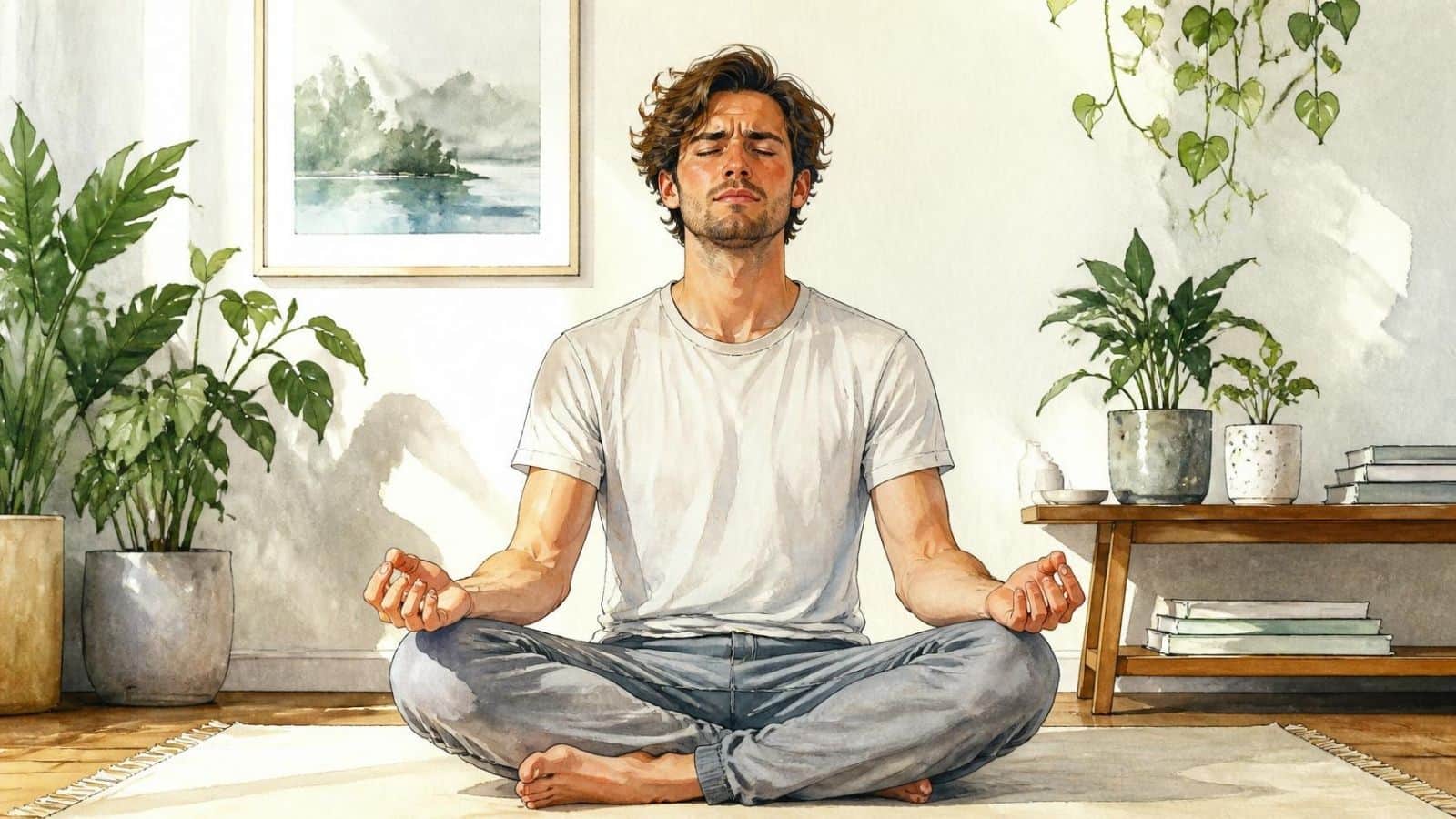 A watercolor illustration of a man sitting cross-legged on a floor mat with a focused expression, maintaining composure as his legs go numb during meditation.