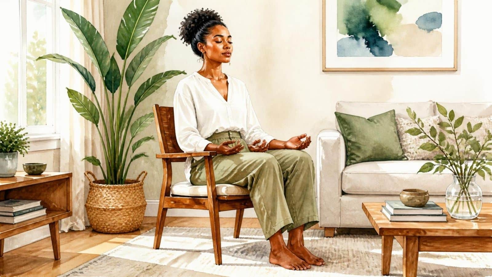 A watercolor illustration of a woman sitting upright in a wooden chair with feet flat on the floor, using proper alignment to prevent pressure when legs go numb during meditation.